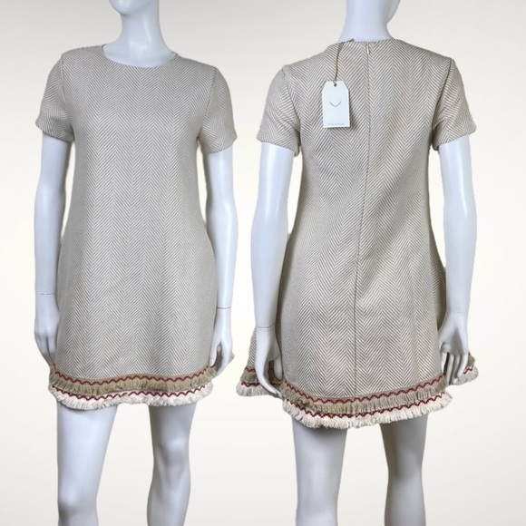NWT FREE THE ROSES Anthro Herringbone Tweed Fringe Hem A-Line Mini Dress Boho - Picture 3 of 16